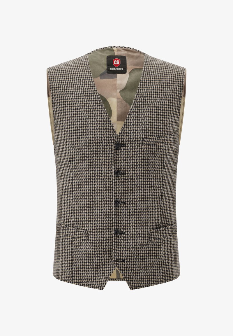 Brown and beige houndstooth vest with a deep V-neck, five buttons, and a camouflage lining. Two front pockets, tailored fit.