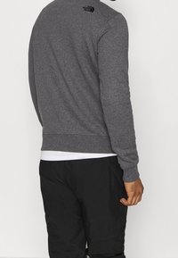 Grauer Pullover mit Rundhalsausschnitt, gerippten Bündchen und Saum; verfügt über ein schwarzes Logo auf dem oberen Rücken; kombiniert mit schwarzen Hosen.