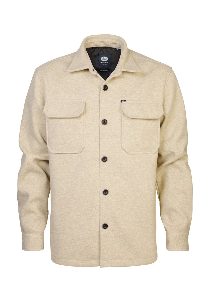 Beige wool shirt jacket with two chest pockets, black buttons, spread collar, and long sleeves. Soft texture with plain design and minimal branding.