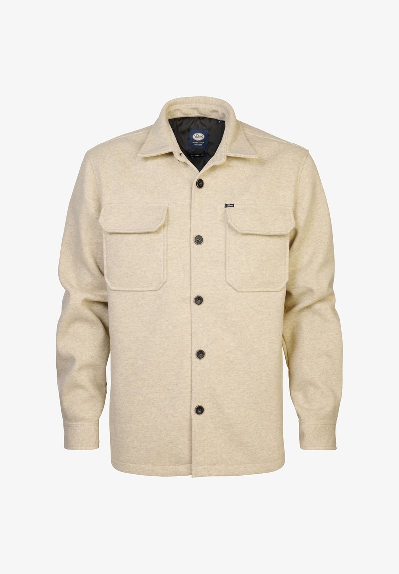 Beige wool shirt jacket with two chest pockets, black buttons, spread collar, and long sleeves. Soft texture with plain design and minimal branding.