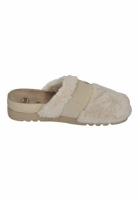Pantofola beige senza lacci con parte superiore in pelliccia sintetica, texture morbida e suola imbottita. Presenta una fascia larga intorno al piede per una vestibilità sicura.