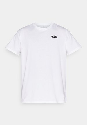 White short-sleeve t-shirt made of cotton with a round neckline. Features a small black Under Armour logo on the chest.