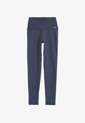Leggings côtelés bleu marine avec une taille haute et large. Texture douce, design intégral. Présente un discret logo sur la taille.