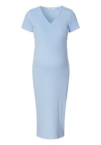 Light blue, short-sleeved, maternity dress with a wrap design, made of soft fabric. Features a fitted silhouette and knee-length hem.