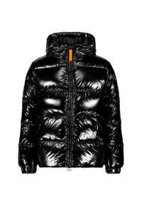 Veste doudoune noire avec finition brillante, capuche et détails en zip orange. Comprend des sections matelassées et des poignets élastiques pour un ajustement confortable.