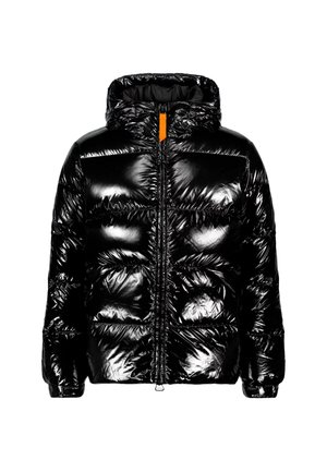 Veste doudoune noire avec finition brillante, capuche et détails en zip orange. Comprend des sections matelassées et des poignets élastiques pour un ajustement confortable.