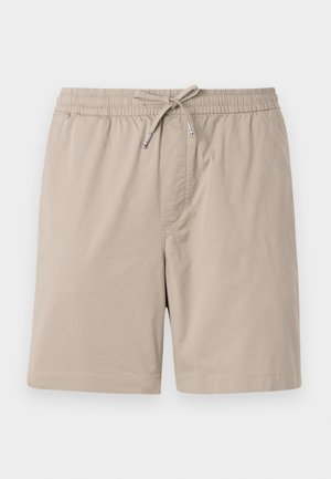 Beige shorts gemaakt van lichtgewicht stof, met een elastische tailleband en een trekkoordsluiting, en een eenvoudig, onopvallend ontwerp.