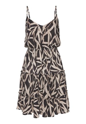 Schwarzes ärmelloses Kleid mit beigen abstrakten Blattmustern, verstellbaren Spaghettiträgern, elastischer Taille und mehrlagigem Rüschenrock.