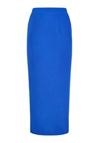 Blauwe, enkel-lange rok van zachte stof met een elastische tailleband. Eenvoudig ontwerp, gladde textuur en geen zichtbare patronen of accenten.