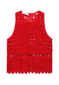 Red crochet tank top featuring intricate circular and scalloped patterns, with an open weave and a round neckline.