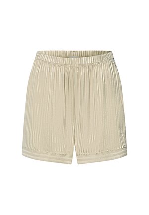 Beige shorts med elastisk talje, diskrete lodrette striber og en glat, let skinnende stoftekstur.