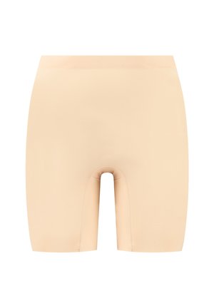 Shorts elasticizzati beige con un design aderente, lunghezza fino a metà coscia e una texture liscia. Presentano un taglio per garantire comfort.
