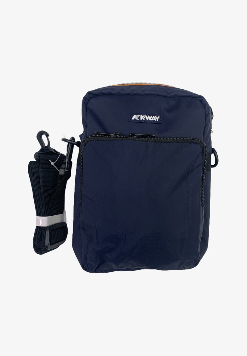 Navy K-Way backpack made of durable nylon, featuring a front zip pocket, top zipper closure, and an adjustable strap with clips.