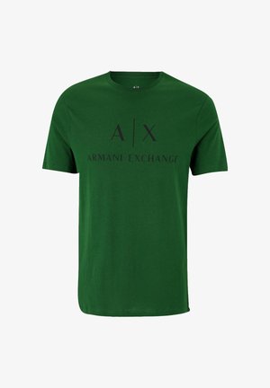 Zöld pamut póló kerek nyakkal, rövid ujjakkal és fekete nyomtatott logóval, amelyen az "A|X" és az "ARMANI EXCHANGE" felirat található az elején.