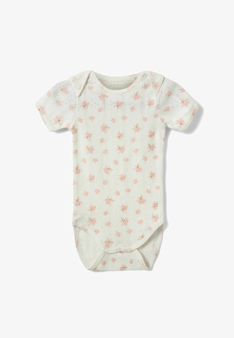 Białe body niemowlęce z krótkim rękawem, wykonane z teksturowanego dzianiny, ozdobione małym różowym wzorem kwiatowym, zapinane na zatrzaski na dole.