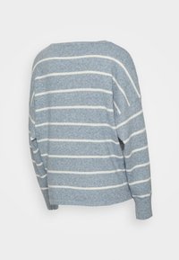 Vaaleansininen neulepusero, jossa on valkoisia vaakaraitoja, pitkät hihat ja ribbaavat hihansuut, näkyy selkäpuolelta valkoista taustaa vasten.