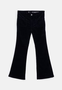 Black corduroy flare jeans with a high waist, two front pockets, and a button closure. Textured fabric with a wide leg opening. Size 8.