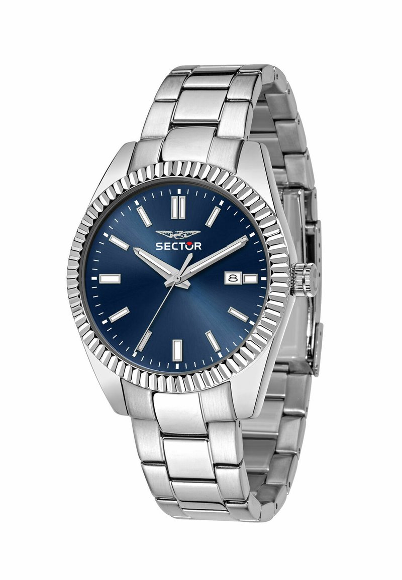Urværk i rustfrit stål med en blå urskive, sølvfarvede timemarkører og en datovisning. Har en drejelig bezel og et sammenkoblet armbåndsdesign.