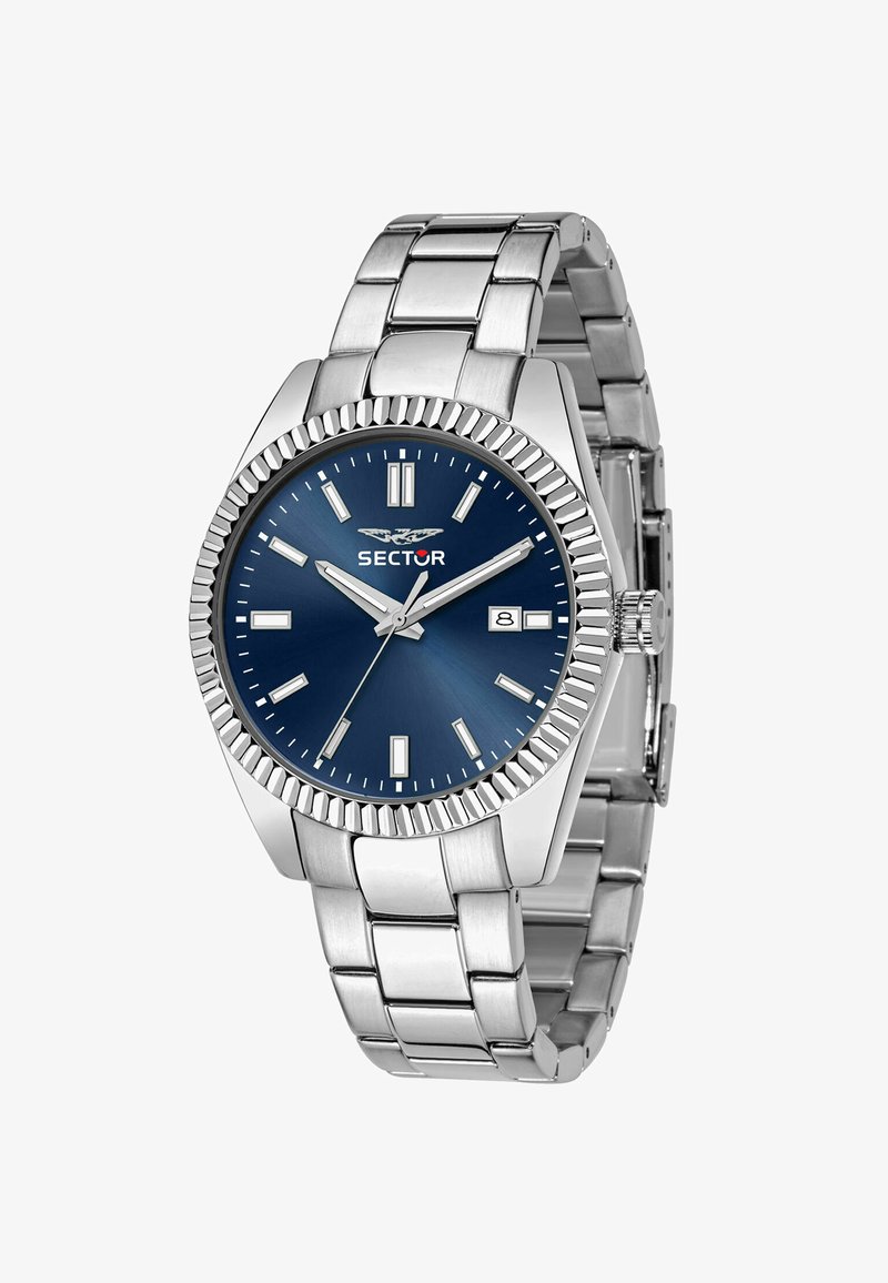 Urværk i rustfrit stål med en blå urskive, sølvfarvede timemarkører og en datovisning. Har en drejelig bezel og et sammenkoblet armbåndsdesign.
