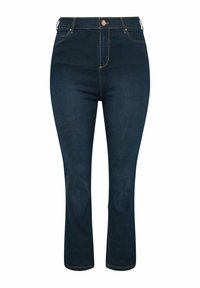 Mörka denimjeans med hög midja, utsvängda ben, femficksdesign och detaljer i guldstickning. Slät textur med minimal blekning.