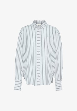 Vit skjorta med tunna grå vertikala ränder, krage, långa ärmar och en bröstficka. Mjuk tygkvalitet med avslappnad passform.