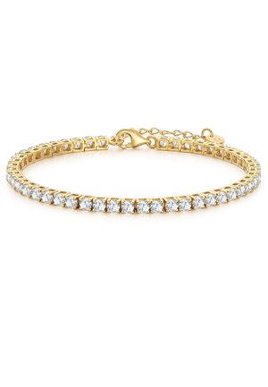 Gold bracelet featuring a row of clear, round cubic zirconia stones set in a square prong design, secured with a lobster clasp and adjustable chain.