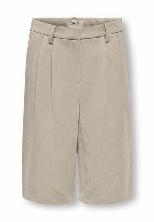 Beige op maat gemaakte knielange shorts met riemlussen, voorplooien en zijzakken, gemaakt van glad geweven stof.