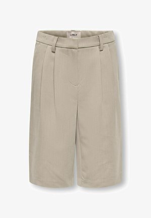 Beige op maat gemaakte knielange shorts met riemlussen, voorplooien en zijzakken, gemaakt van glad geweven stof.