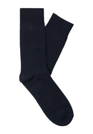 Calze a coste blu navy con una texture liscia, dotate di punta e tallone rinforzati per una maggiore durata e di un colletto confortevole.