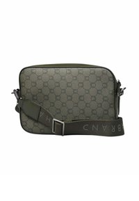 Sac bandoulière vert olive avec motif embossé, forme rectangulaire, bandoulière réglable et accents en métal.