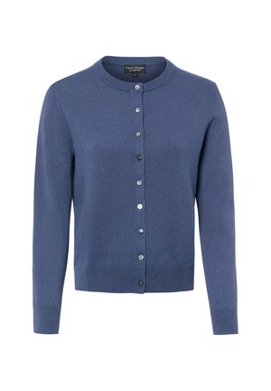 Blue long-sleeve button-up cardigan sweater with round neckline and ribbed cuffs and hem by Franco Callegari.