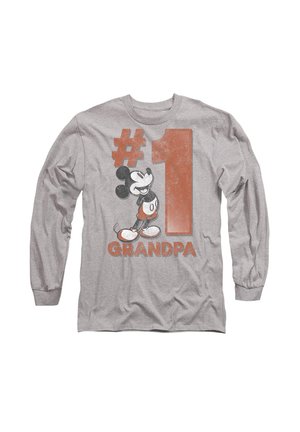 Gray long-sleeve t-shirt featuring a graphic of Mickey Mouse and the text "#1 GRANDPA" in orange with a slightly distressed texture.