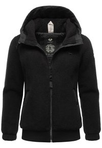 Veste en polaire noire avec fermeture éclair frontale et capuche. Comprend une doublure intérieure lisse, des poches latérales et des poignets ainsi qu'un ourlet côtelés. Finition extérieure texturée.