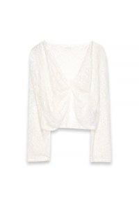 Weißes Spitzen-Crop-Top mit langen Ärmeln, das über einen tiefen V-Ausschnitt und geraffte Stoffdetails in der Mitte verfügt. Aufwendiges florales Muster auf der gesamten Fläche.