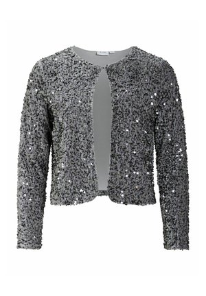 Cardigan gris con lentejuelas, cuello redondo, apertura frontal, mangas largas y una superficie texturizada y brillante que refleja la luz.
