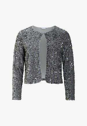 Hallux säbriga kaelusega avatud esiosa, pikkade varrukatega ja tekstuuriga läikiv pind, mis peegeldab valgust.