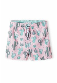 Roze zwemshorts met een cactuspatroon in groene en grijze tinten, voorzien van een elastische tailleband en een trekkoord voor een verstelbare pasvorm.