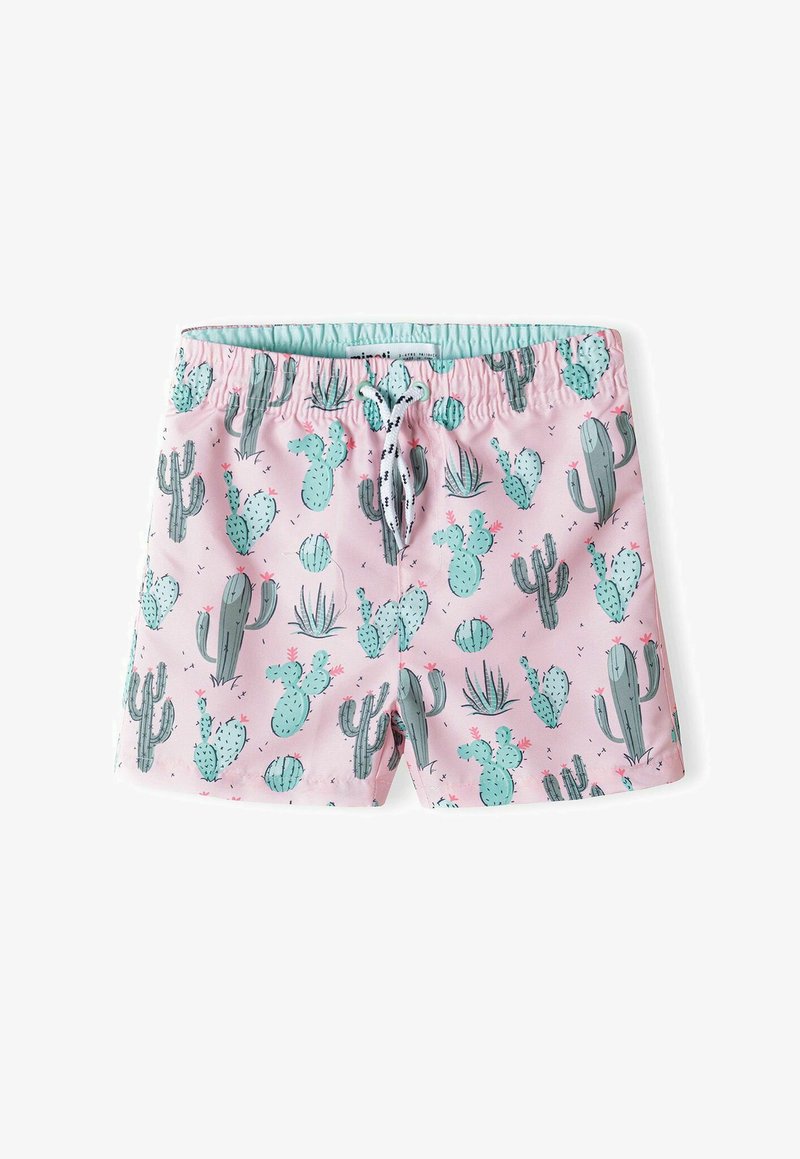 Shorts de bain roses avec un motif de cactus dans des nuances de vert et de gris, dotés d'une taille élastique et d'un cordon de serrage pour un ajustement réglable.