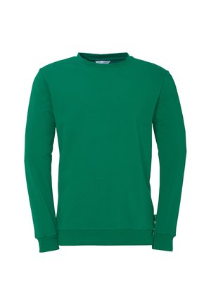 Sweatshirt vert à manches longues en coton. Il présente un col rond, des poignets côtelés et un ourlet droit. Texture lisse, sans motifs ni accents.