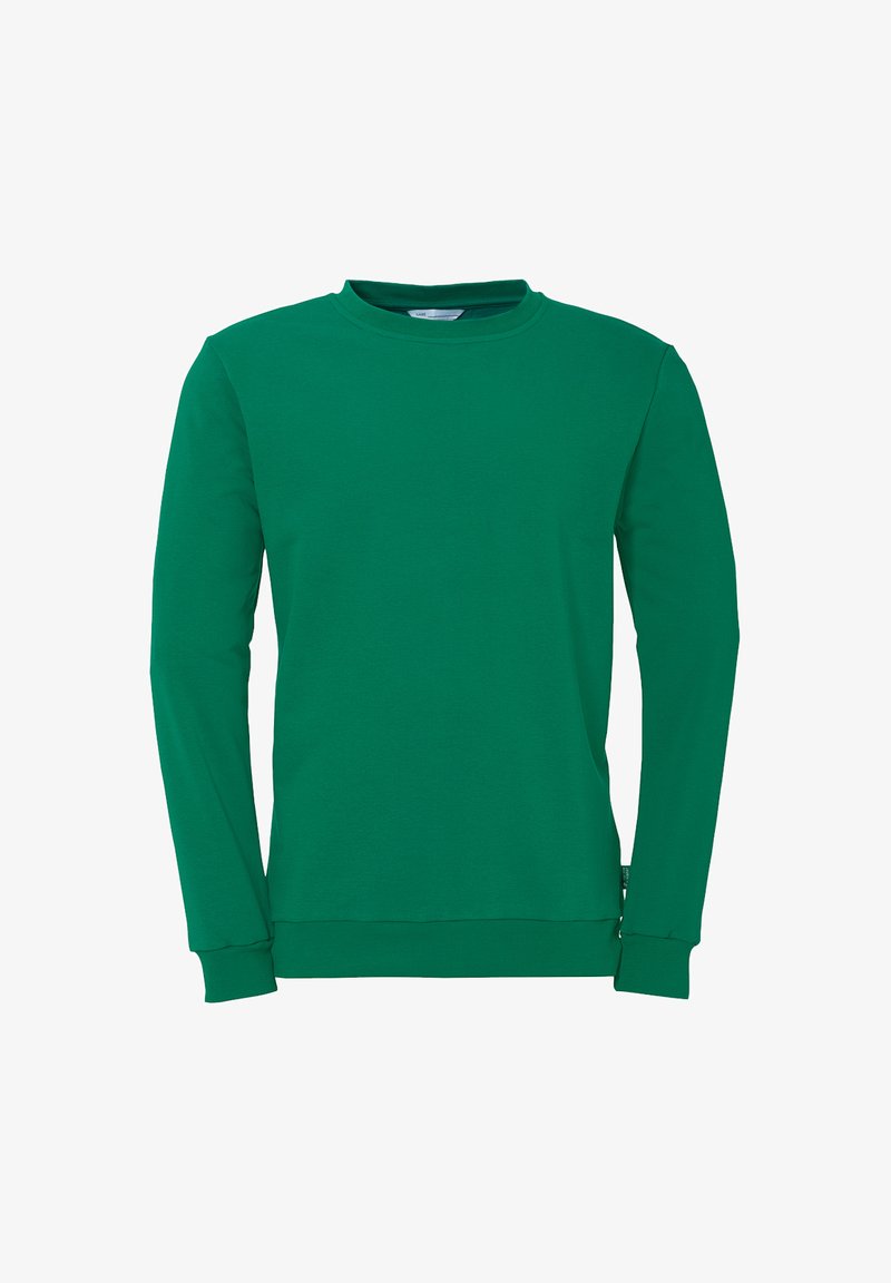 Sweatshirt vert à manches longues en coton. Il présente un col rond, des poignets côtelés et un ourlet droit. Texture lisse, sans motifs ni accents.