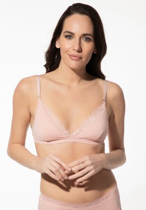 Hellrosa Bralette mit Spitzenbesatz, V-Ausschnitt, verstellbaren Trägern, weichem Stoff und ohne Bügel für Komfort. Verfügt über ein nahtloses Design.