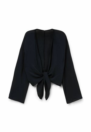 Schwarze kurz geschnittene Bluse mit langen Ärmeln, aus leichtem Stoff, mit einem offenen V-Ausschnitt und einem gebundenen Frontdetail.
