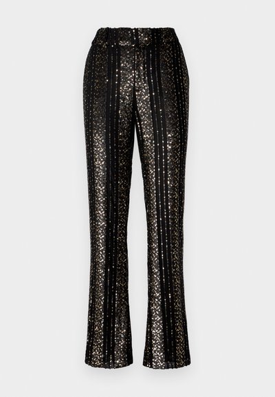 Black sequined pants featuring vertical stripes, elastic waistband, and flared bottom with shiny accents throughout the surface.