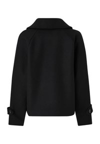 Schwarze Wollmischungjacke mit strukturiertem Kragen, Raglanärmel und Knopfdetails an den Manschetten. Glatte Textur und taillierte Passform.