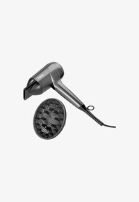 Hårføner i svart og grått, med et smart håndtak, konsentratormunnstykke og diffusorvedlegg med sirkulære perforeringer.