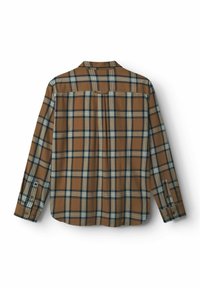 Brunternetterned flannel skjorte med blå og beige striber. Har rygskude, lange ærmer med knapmanchetter og en rundet kant.