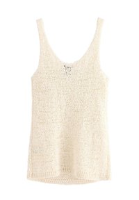 Szydełkowy top bez rękawów w kolorze off-white. Posiada szerokie ramiączka, luźny krój oraz teksturowany materiał z otwartymi szwami. Bez ozdób.