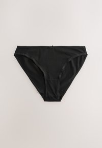 Czarny bawełniany bikini z gładką fakturą, elastycznym pasem i koronkową lamówką na krawędziach. Z przodu znajduje się mała kokardka.