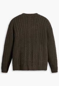 Ciemnobrązowy dziany sweter z teksturowanym wzorem warkocza, z okrągłym dekoltem, długimi rękawami oraz ściągaczami na mankietach i dole.