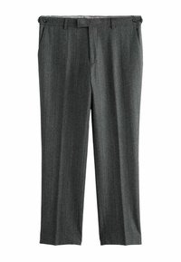 Gray herringbone trousers with a tailored fit, featuring a flat front, two side pockets, and a waistband with belt loops and button closure.